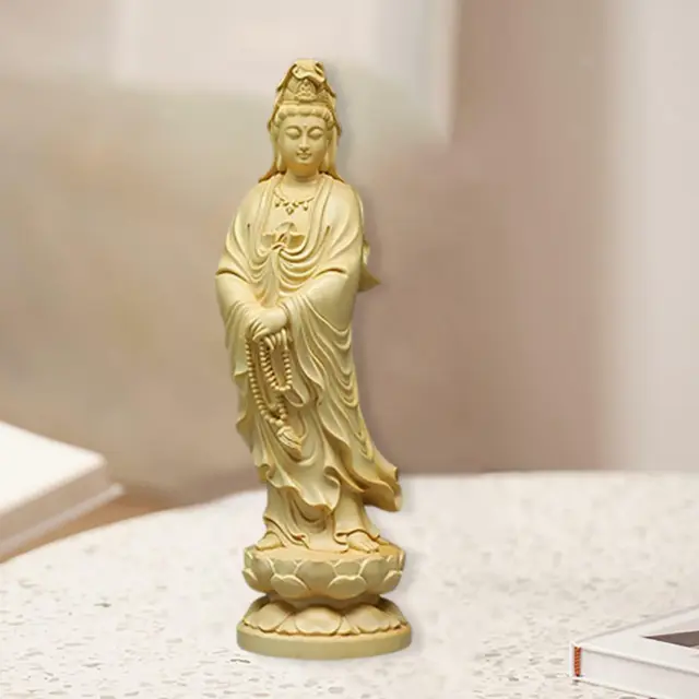 Boxwood Guanyin Sculpture Meditation Crafts for Tea House Collectibles Decor