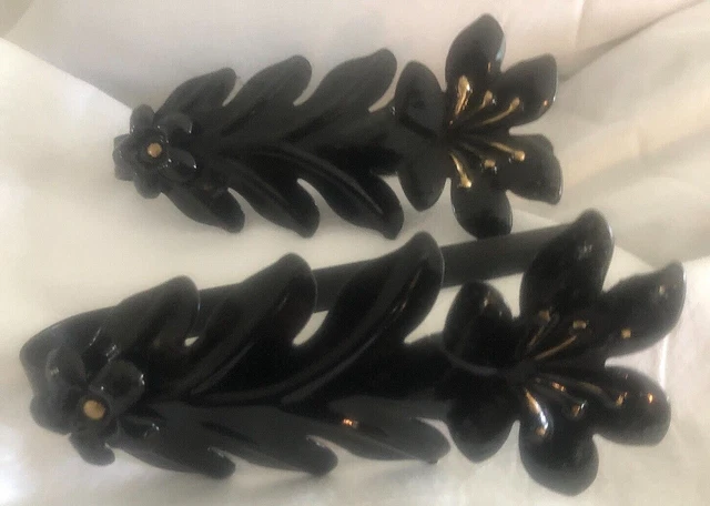 Vintage  Drapery Curtain Pull Back Ties  Embossed Metal Black Gloss Leaf Floral 2