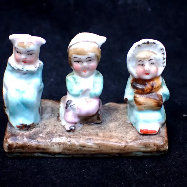 Antique German Miniature Porcelain Figurine - Three Seated Children