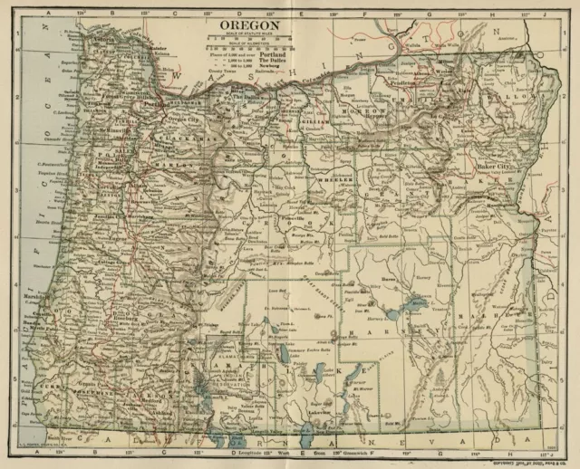 OREGON Map: Genuine 1906 (dated) County Town Railroads Topography Reservations