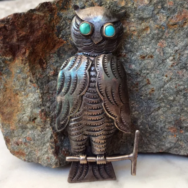 Old Pawn Native American Navajo Indian Sterling Silver Turquoise Owl Pin Wow