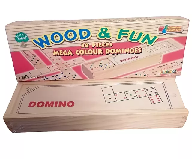 Wooden Mega Colour Dominoes Set w/Box Game Toy 28 pcs Child Adult Birthday Gift