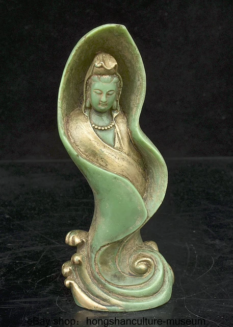 8 " Ancient China Green Jade Gilt Buddhism Guanyin Kwan-Yin Buddha Statue