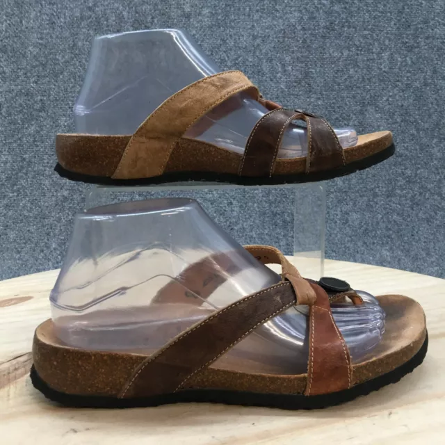 Think! Sandals Womens 39 Casual Strappy Brown Leather Hoop and Loop Slide