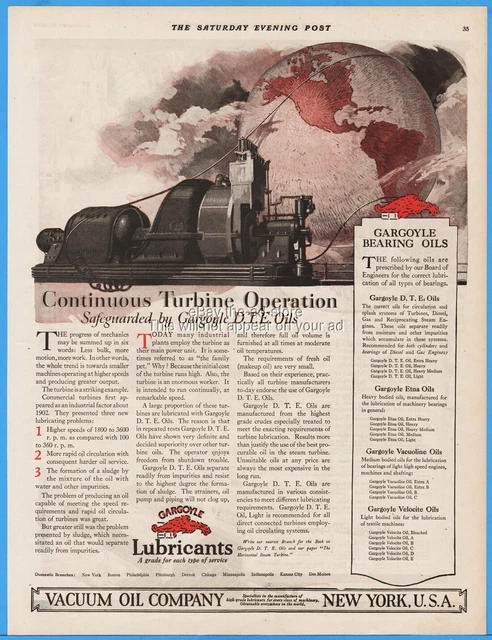 1920 Vacuum Oil Co Gargoyle Mobiloil Turbine Bearing Oils Lubrication Globe Ad