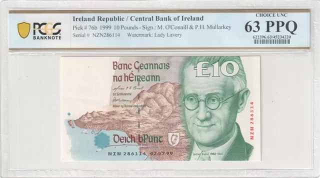 Ireland Republic 10 Pounds Banknote P76b 1999 PCGS 63PPQ Choice UNC