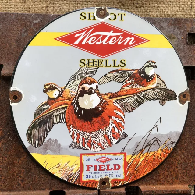 Vintage Western Field Shot Shells 10” Porcelain Ammunition Shotgun Sign