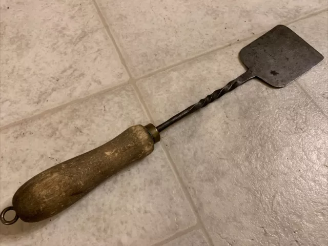 18th Century Iron Hearth Cooking Spatula w Wood Handle & Twist Decoration