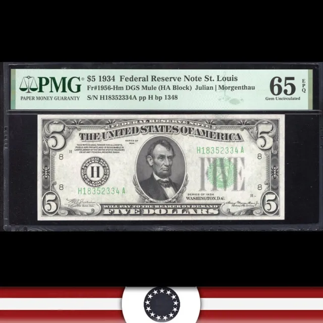 1934 $5 ST LOUIS FRN FEDERAL RESERVE NOTE PMG 65 EPQ Fr 1956-Hm H18352334