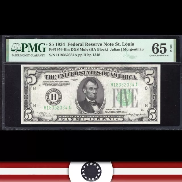 1934 $5 ST LOUIS FRN FEDERAL RESERVE NOTE PMG 65 EPQ Fr 1956-Hm H18352334