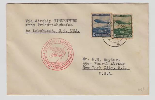 Zeppelin Brief Luftschiff Hindenburg Nordamerikafahrt 1936 USA Lakehurst