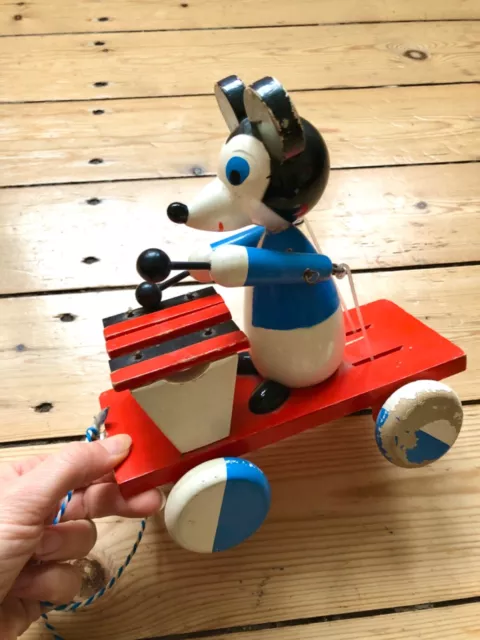 Disney Micky Maus Mickey Mouse Holzspielzeug antik Ziehwagen mit Musik 50er/60er