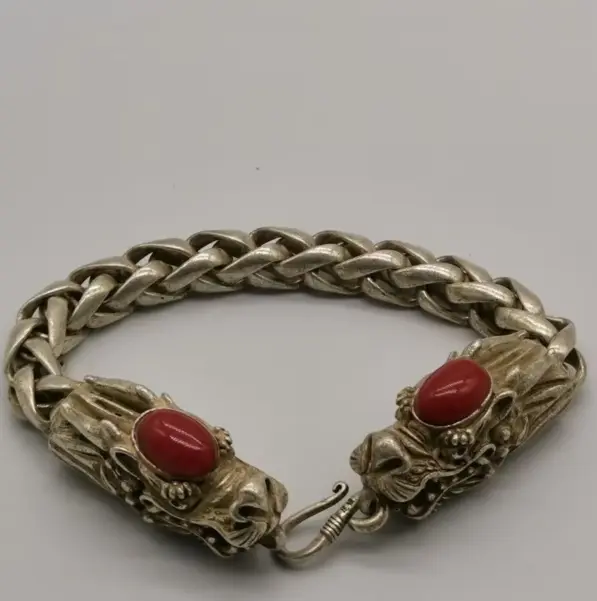 Antique Collection Old Silver Inlaid Ruby Dragon Head Bracelet