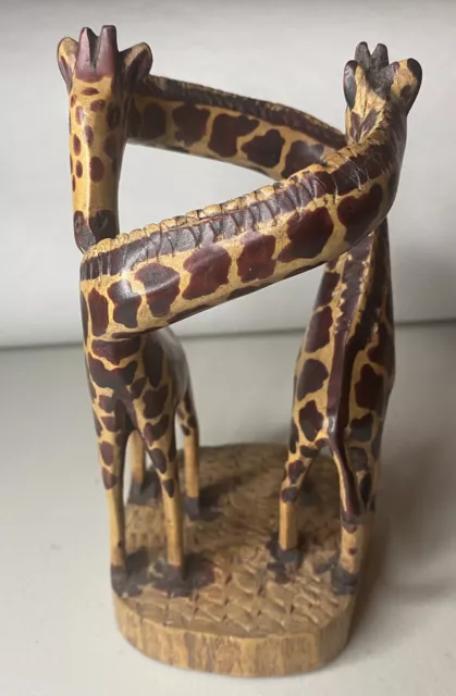 Carved Wooden 2 Giraffes Pair Entwined Twin Couple Giraffe Safari Statue Figures