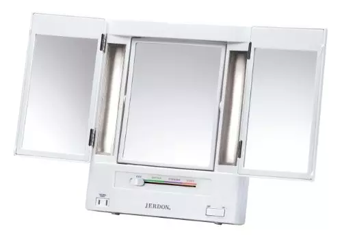 Jerdon Tri-Fold Two-Sided Lighted Makeup Mirror with 5X Magnification, White