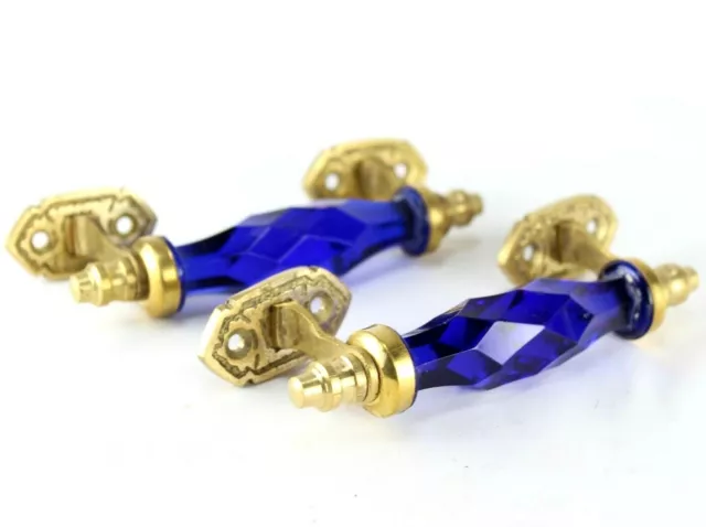 Glass Door Handle Brass Vintage Victorian Style Cobalt Blue Cut Glass Set Pair