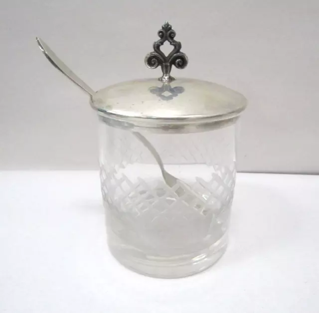 ANTIQUE REED & BARTON X389 Sterling & Etched Glass Jam Jar with Spoon