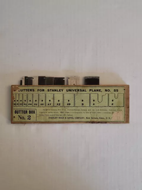 Vintage Stanley Universal Plane No. 55 Cutters Cutter Box No. 2 Set Of 10 Blades