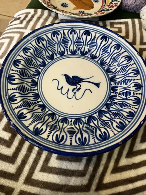 Early POLYCHROME 18th C Antique Dutch Delft Charger RARE Blue White Bird Signed