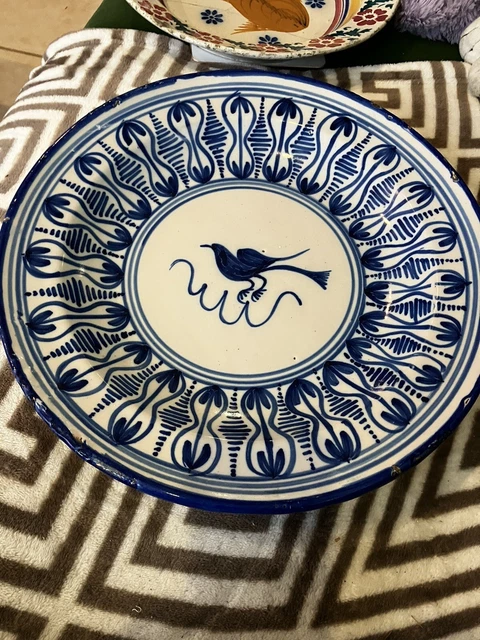 Early POLYCHROME 18th C Antique Dutch Delft Charger RARE Blue White Bird Signed