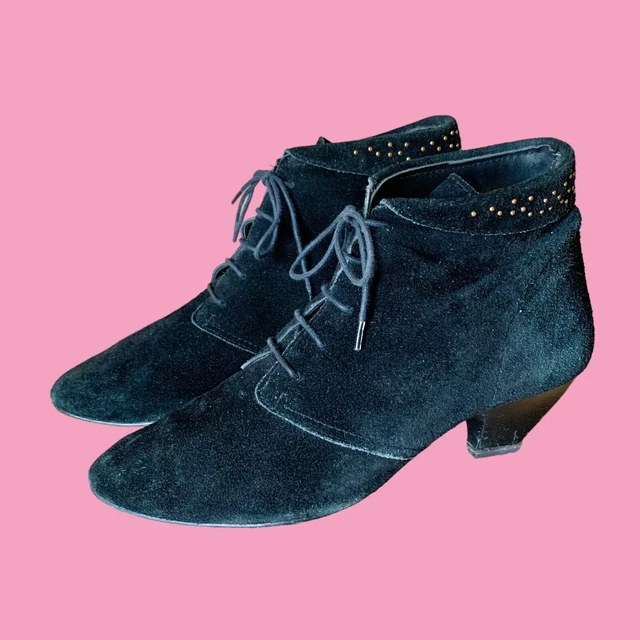Stivaletti in pelle scamosciata nera VERI VINTAGE ANNI '80 '90 BORCHIE ORO STREGHE GOTICHE UK5
