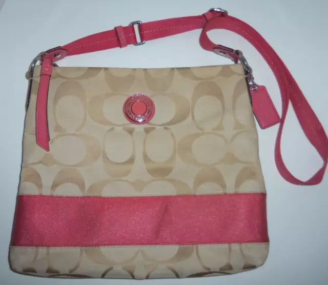 Coach Signature Stripe File Swingpack Crossbody Shoulder Khaki Fuchsia Pink