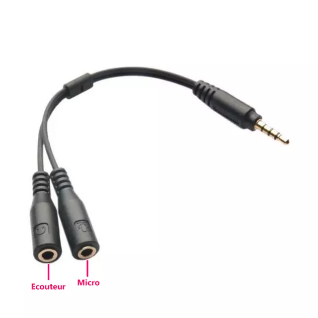 Cable adaptateur jack 3.5mm male 4 poles vers femelle audio + micro casque TRRS