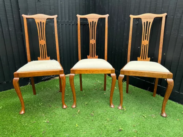 3x Antique Edwardian Oak Dining Chairs with Cabriole Legs - Circulation 1920