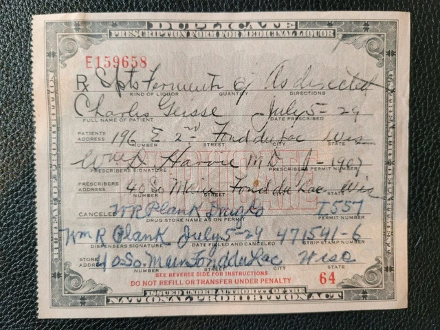 Prohibition  1929-32 Prescription form Medicinal Liquor, WI Alcohol RX, Whiskey