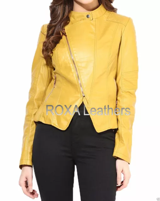 Cool Looking Women Genuine Lambskin Pure Leather Jacket Yellow Outwear Soft Coat