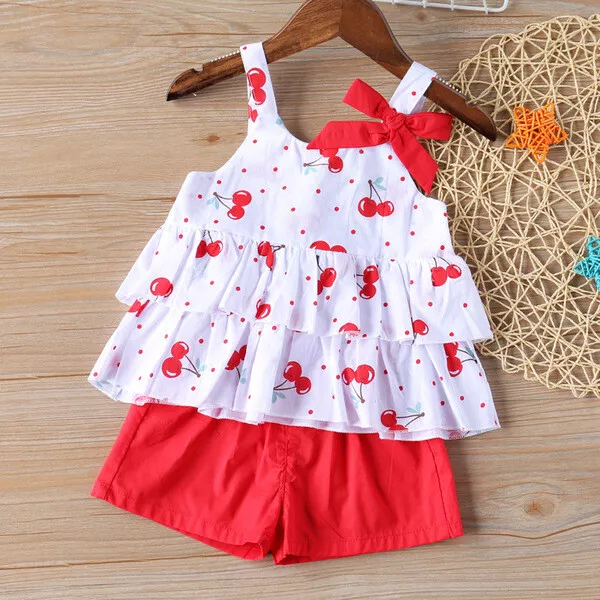 Completo Bimba bambina Maglia maniche corte pantaloni corti bianco rosso B053