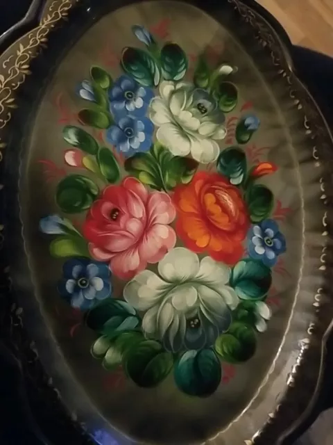 VTG 1970s Hand Painted Russian USSR EnamelWare ToleWare Oval Tray Flowers 13"