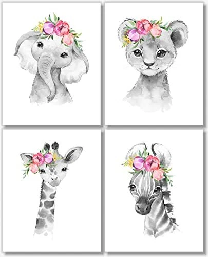 Baby Safari Animals Wall Art Prints - Safari Nursery Decor - Set of 4 - Zoo J...