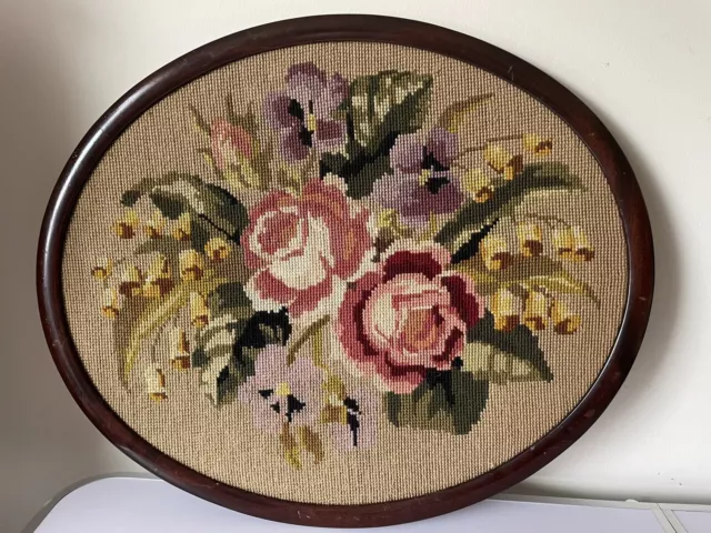 VTG Needlepoint Floral Snapdragon Rose Violet Bouquet Beautiful Oval Frame