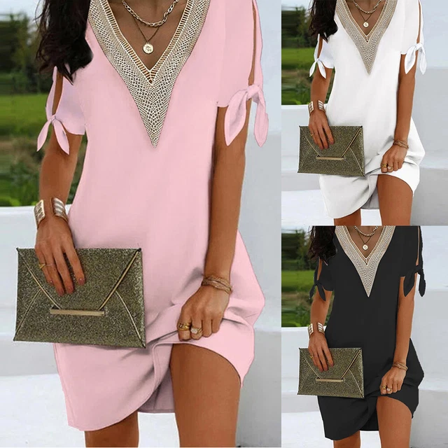 Mini Robe En Dentelle À Col En V Et Manches Courtes Robe T-Shirt Robe De #