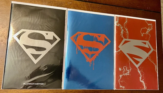 3 SuperMan Foils Red , Blue , Black , NM megacon Super man 75th anniversary kent
