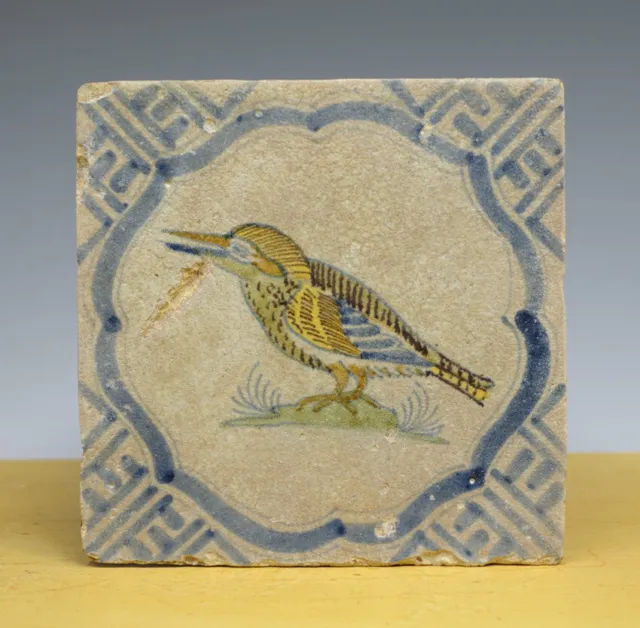 Antique Dutch Delft Maiolica Tile Bird Kingfisher Wan-Li Circa 1600-1625 1