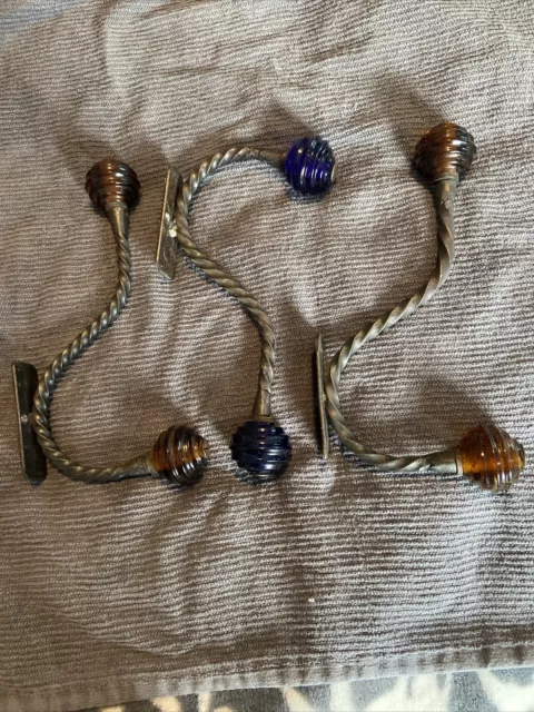 Set Of 3 Wrought Iron And Glass Wall Hook Rustic Antique Farm House Primitive