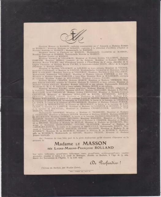 1909 Faire-part décès Mme Charles-Louis LE MASSON née ROLLAND - Meylan (Isère).