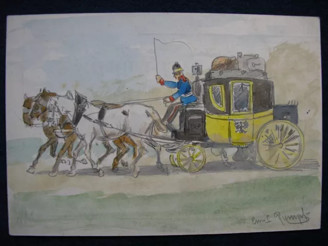 EMIL RUMPF  (1860 - 1948) PFERDE -HEUWAGEN ERNTE SIGNIERTES AQUARELL 140 x 97mm