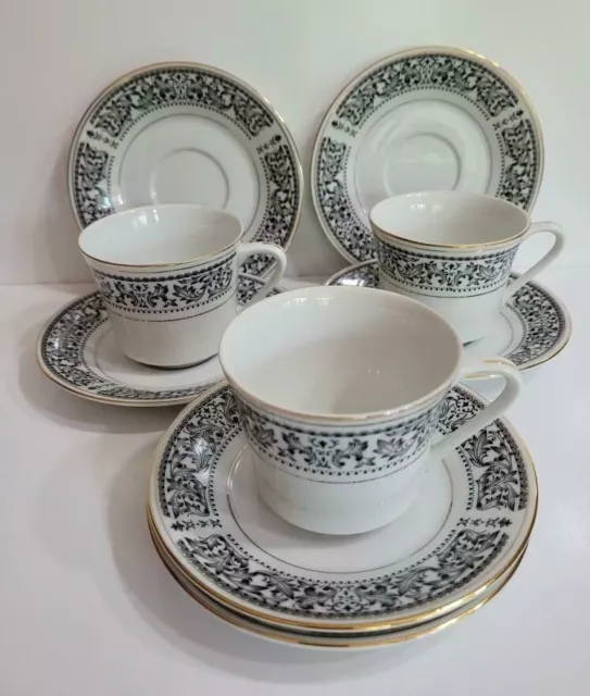 Taihei Brocade 3 Tea Cups 6 Saucers Fine China Japan 6981 Black White Gold Trim