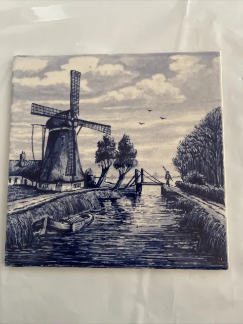 Delft Blauw (Blue)Hand Painted Tile -Made In Holland-6”-Signed-Windmill By River