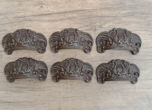 6pc vintage victorian cast iron EASTLAKE door cabinet drawer bin pull cup handle