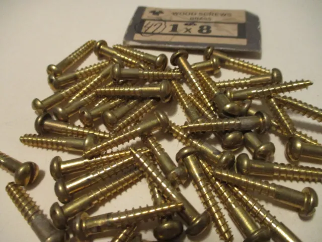 47 - 1" Long X #8, Vintage  N.o.s. Brass Wood Screws W/ Round Slotted Heads