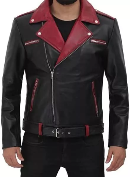 Men’s Black & Maroon Biker Jacket Genuine Sheep Leather Motorcycle Jacket