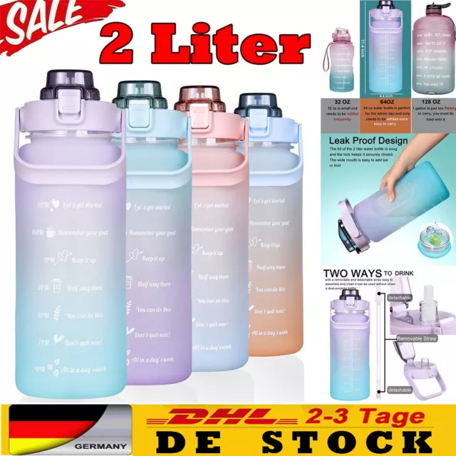 2 Liter Trinkflasche Mit Strohhalm+Zeitmarkierungen Wasserflasche Sportflasche