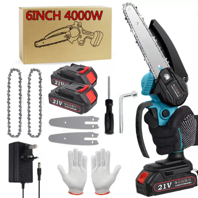 2 Batteries 6'' 4000W Mini Cordless Chainsaw Electric One-Hand Saw Wood Cutter