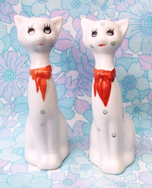 Vintage Kitsch Cat Ornaments White Long Neck Kitty Red Bow Figurines Pair Set