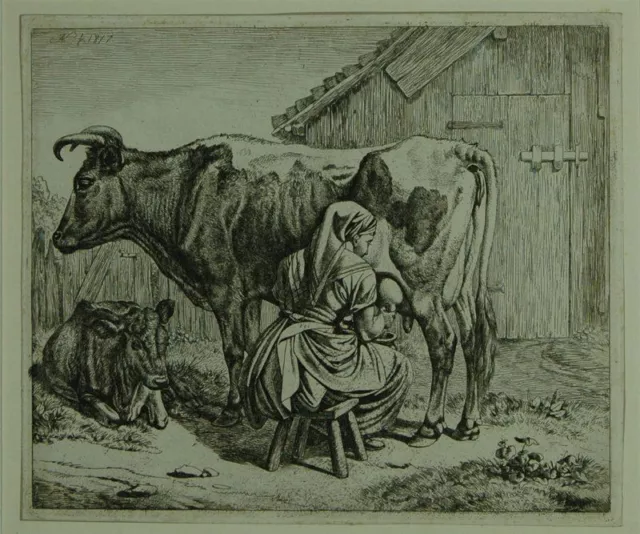 Johann Adam Klein (1792-1875): Melkende Magd. Radierung 1817