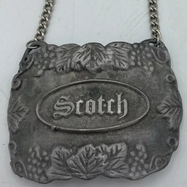 Vintage Bacchus Pewter Scotch Liquor Bottle Decanter Hanging Tag Label Chain USA